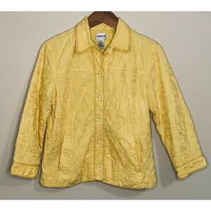 Chico's Embroidered Jacket Women's Size 1 Medium 8 Yellow Button Up Blazer Shirt